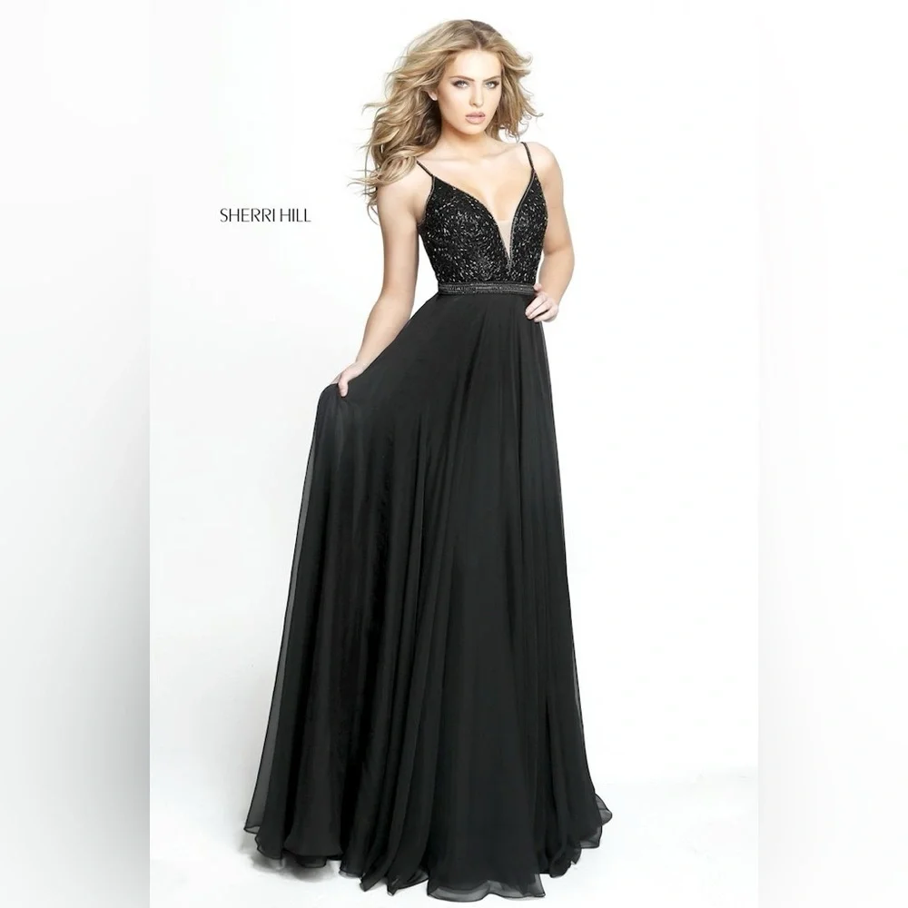 Sherri Hill | Dresses | Sherri Hill Beaded A Line Whimsical Black Gown Size  | Poshmark